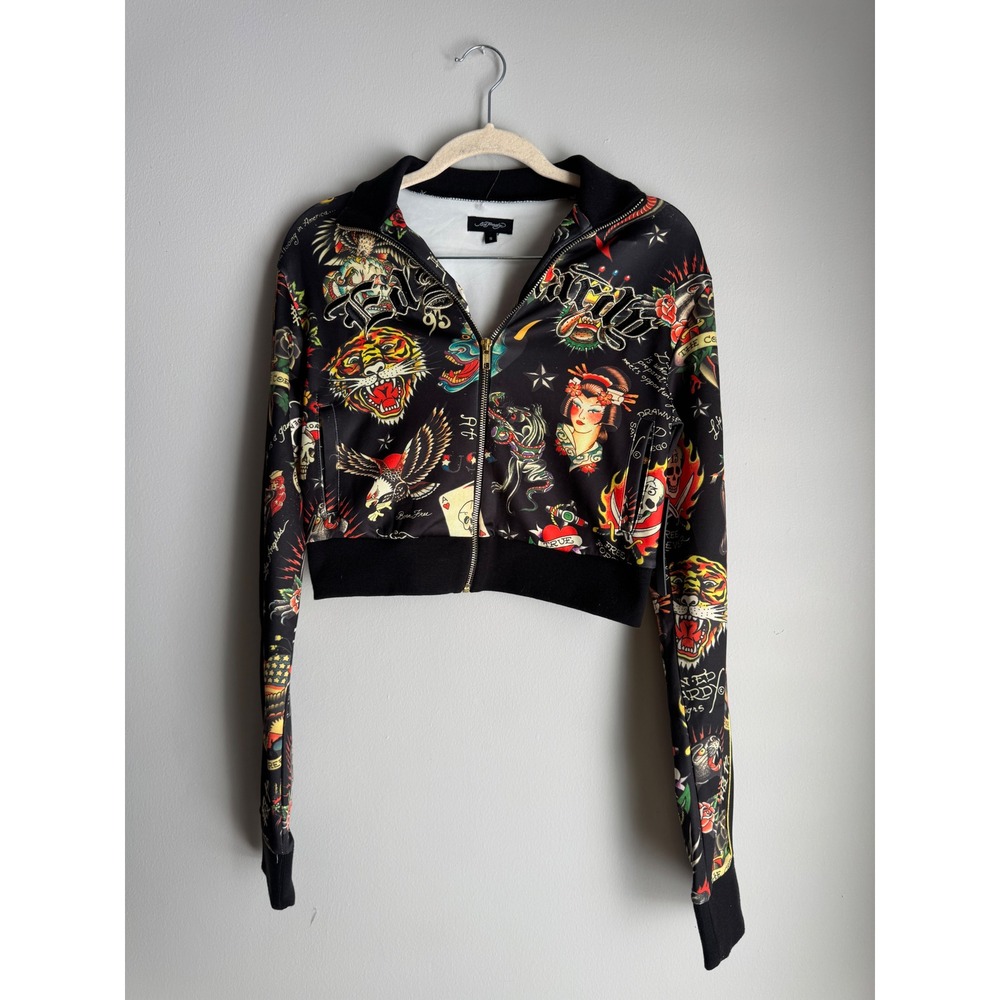 Ed Hardy Women Tattoo Print Cropped Track Jacket Black Small NWT